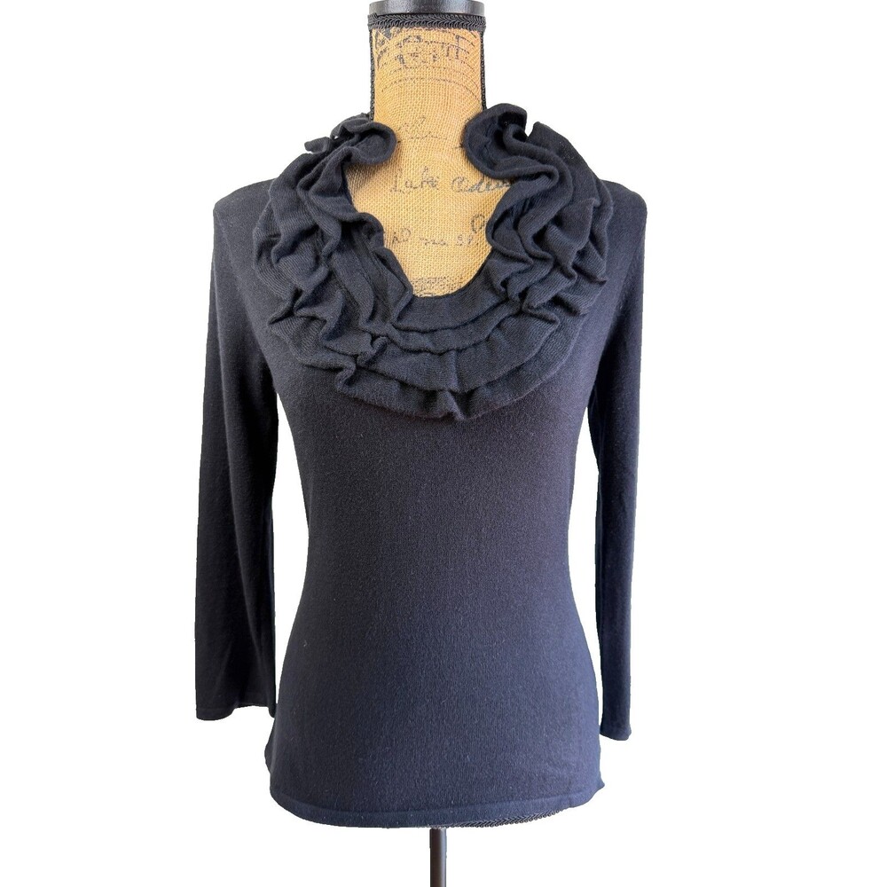 Saks Fifth Avenue Black 100% Cashmere Ruffle Neck Sweater Women Sz S Sample
